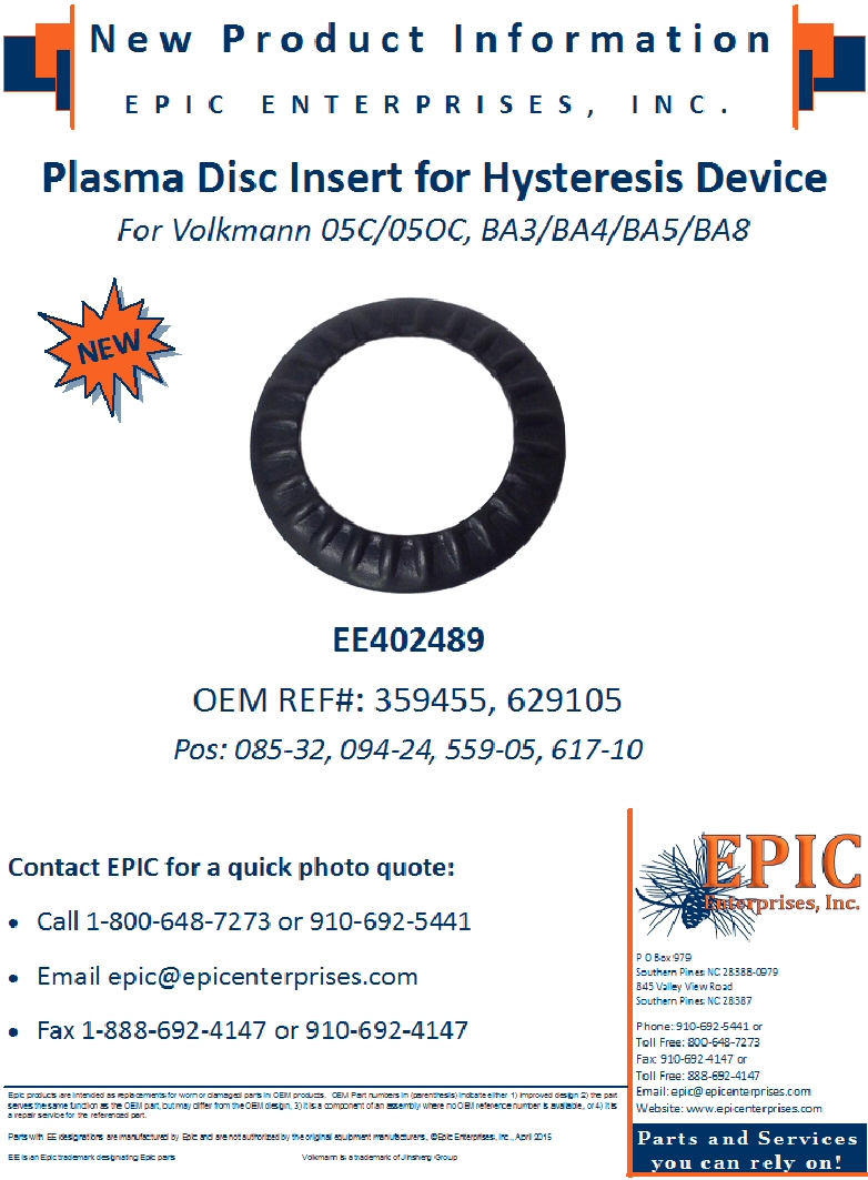 EE402489 Disc, Plasma Insert for Hysteresis Device, 05C_05OC, BA3_BA4_BA5_BA8